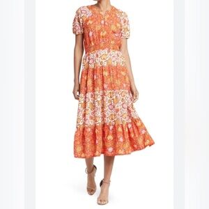 dRA Los Angeles Boho Floral Smocked Tiered Midi Dress Anthropology Style Size S